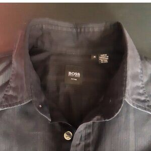Hugo Boss SZ M Fitted 100% Cotton Black on Black Striped Button Up Men's Shirt